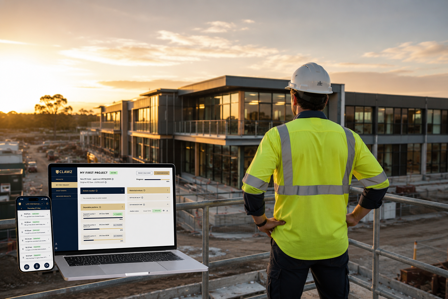 CLAWZ on a laptop and phone at a construction site