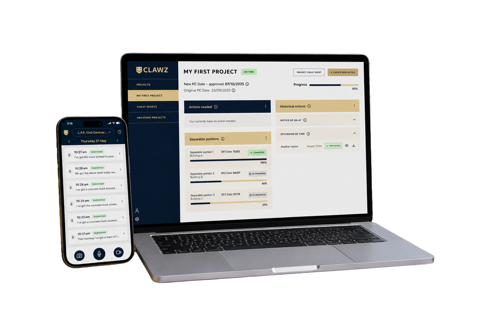 CLAWZ project dashboard on a laptop and phone